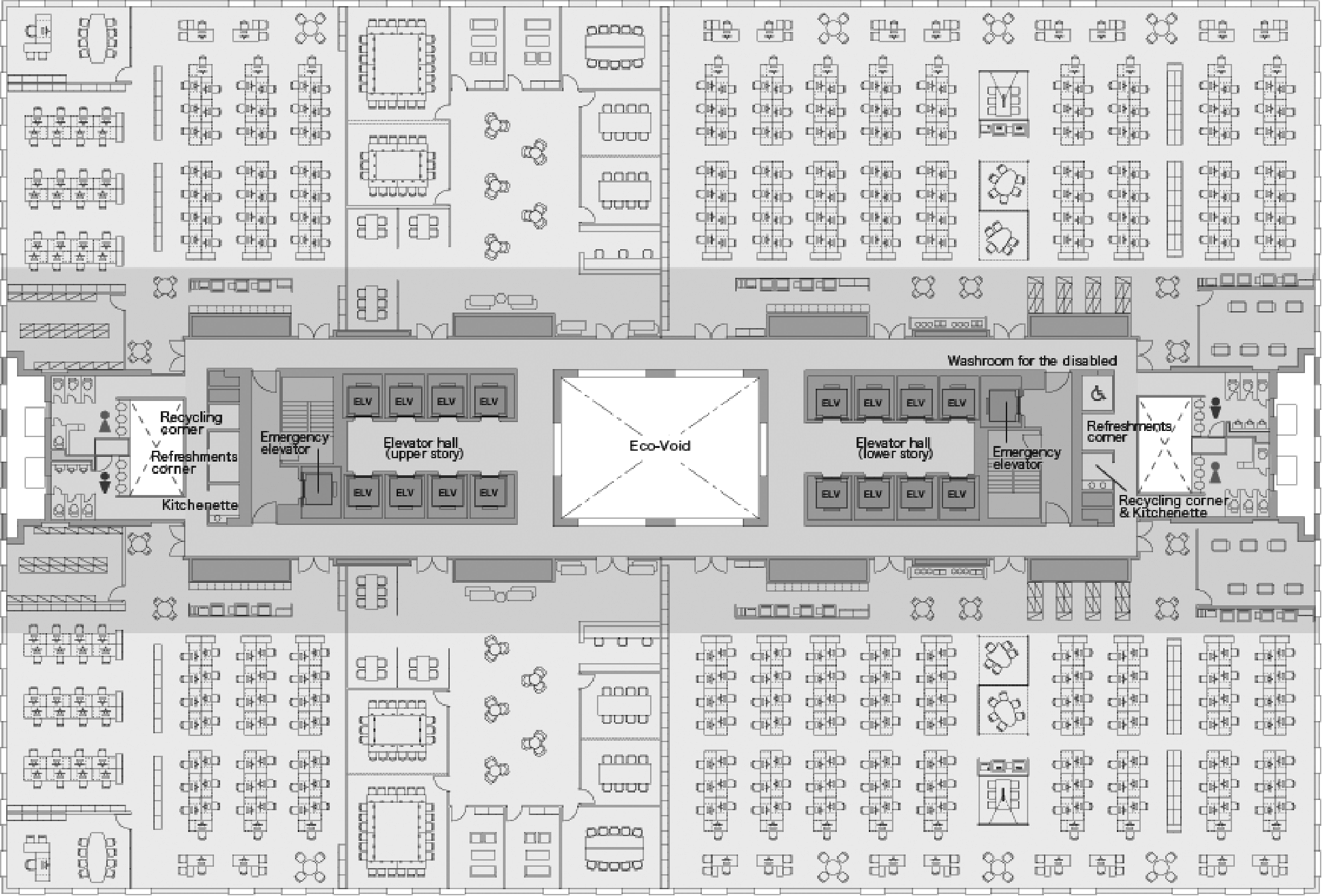 A square office floor enabling a layout with plenty of leeway.